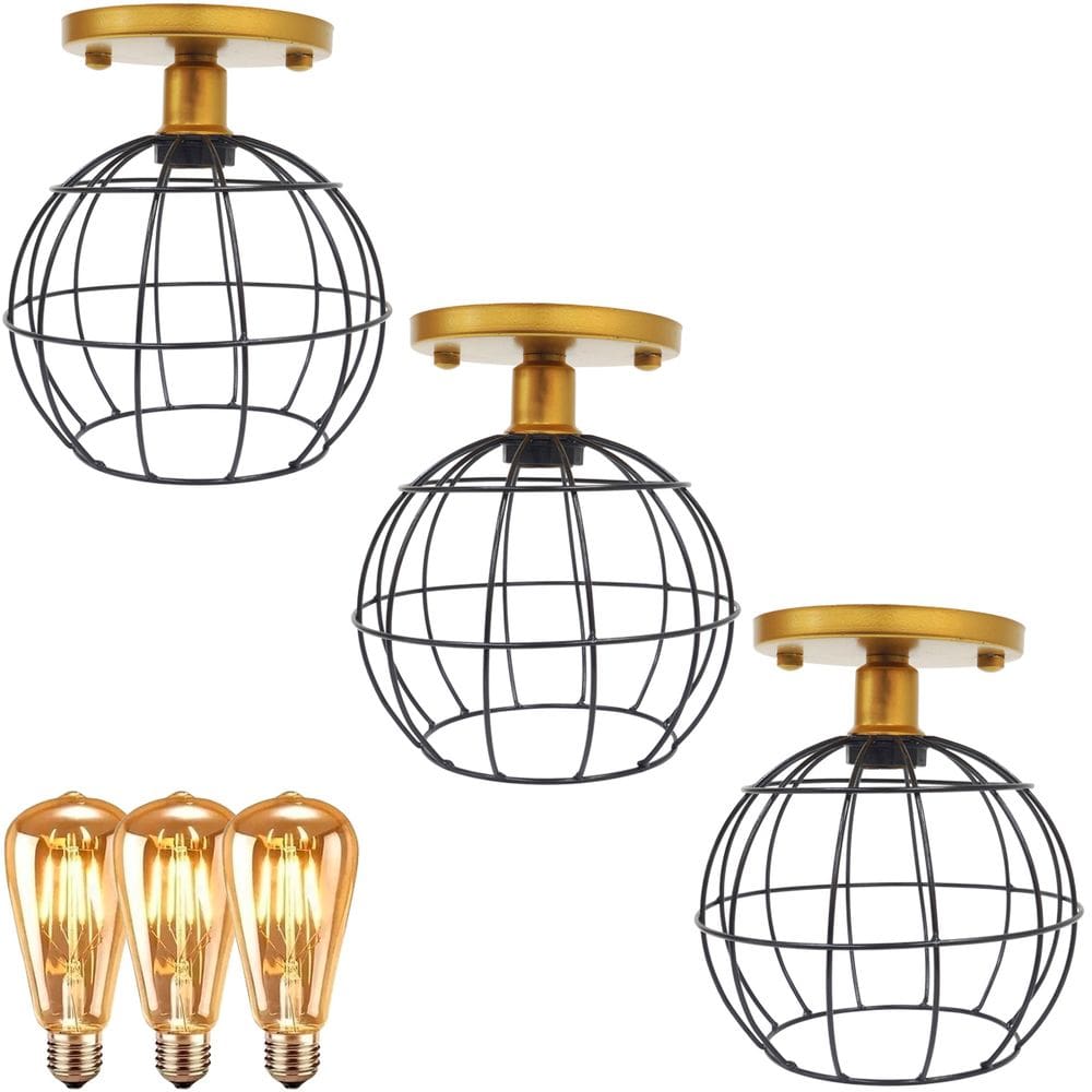 3 Lustres Teto Plafon + 3 Lâmpadas Led St64 Industrial Aramado Globo Preto Retrô Vintage Dourado
