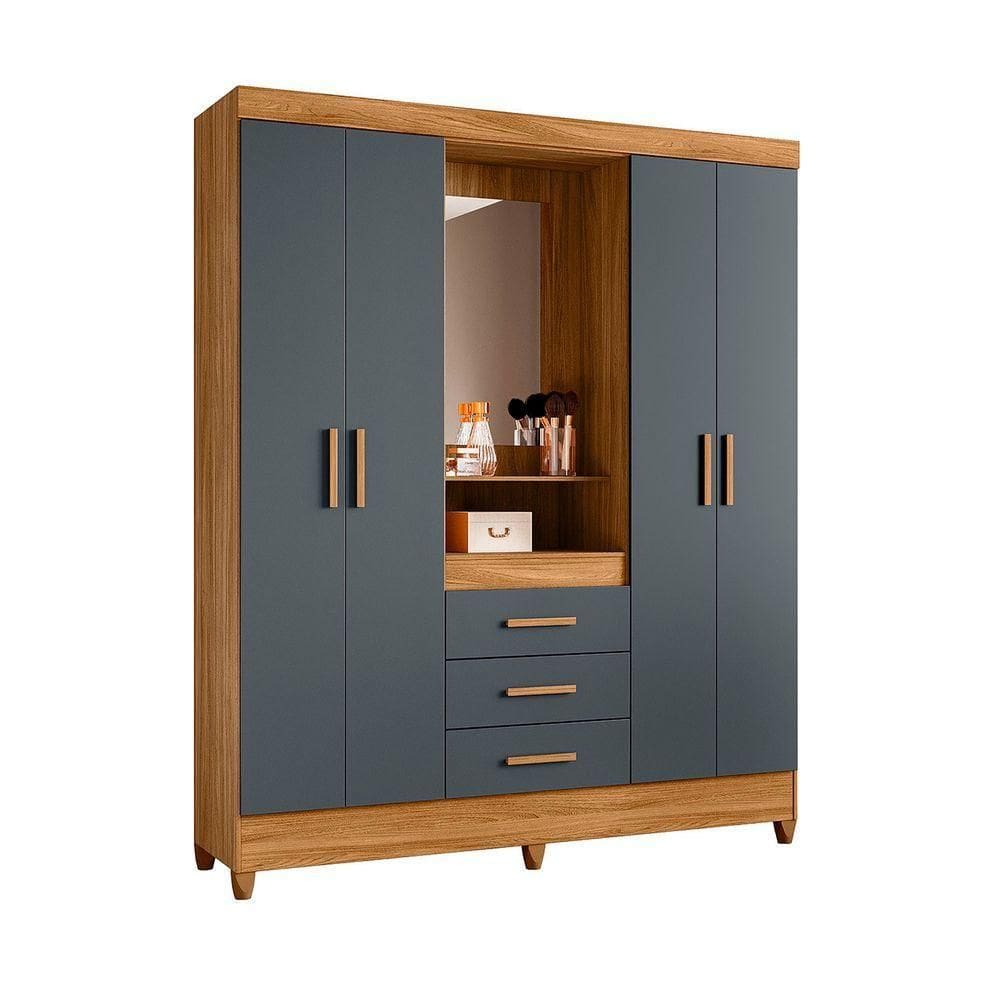 Guarda Roupa Grande Quarto Capri 4 Portas 3 Gavetas Espelho Freijo Com Cinza