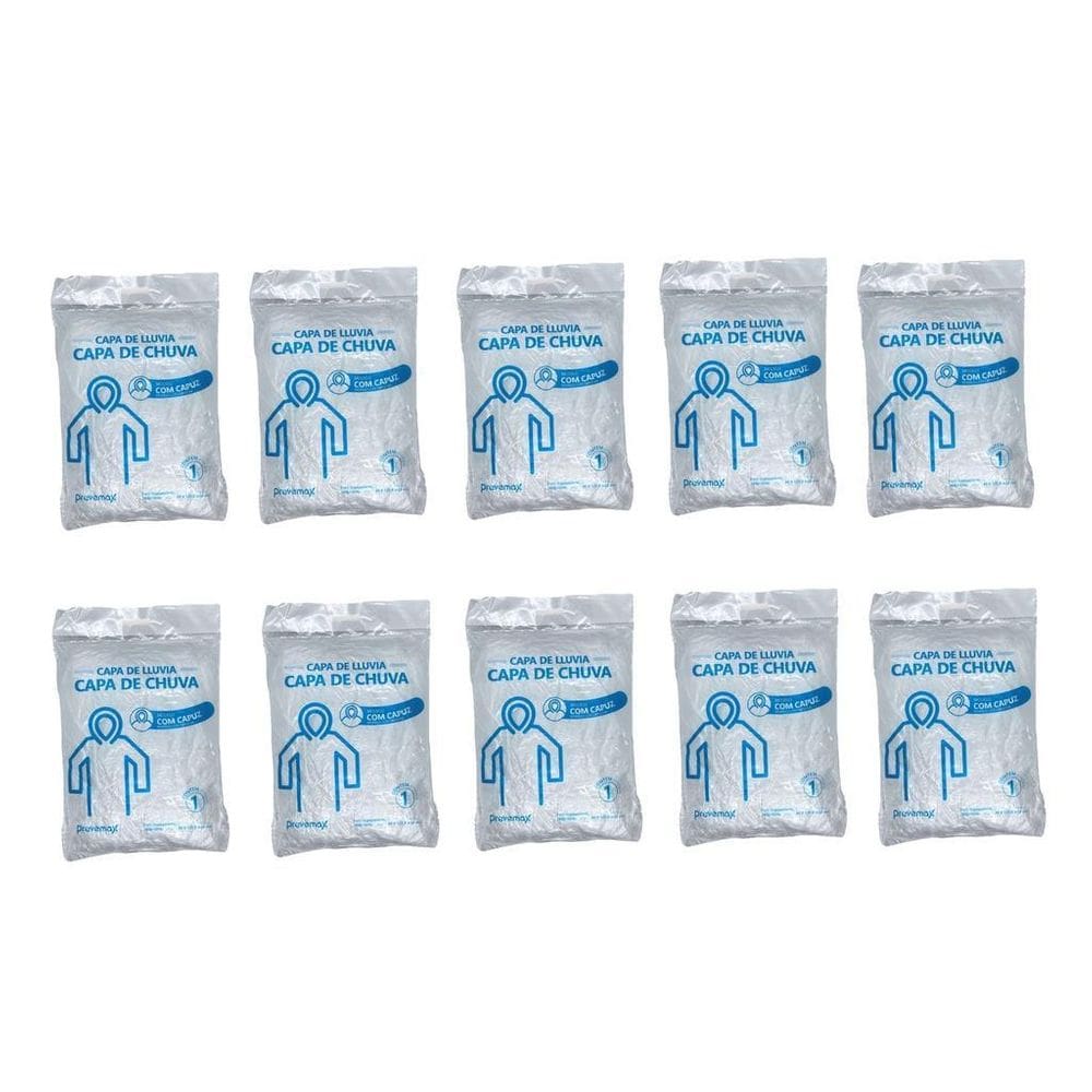 Kit 10 Capa De Chuva Transparente Capuz S/Elástico No Punho
