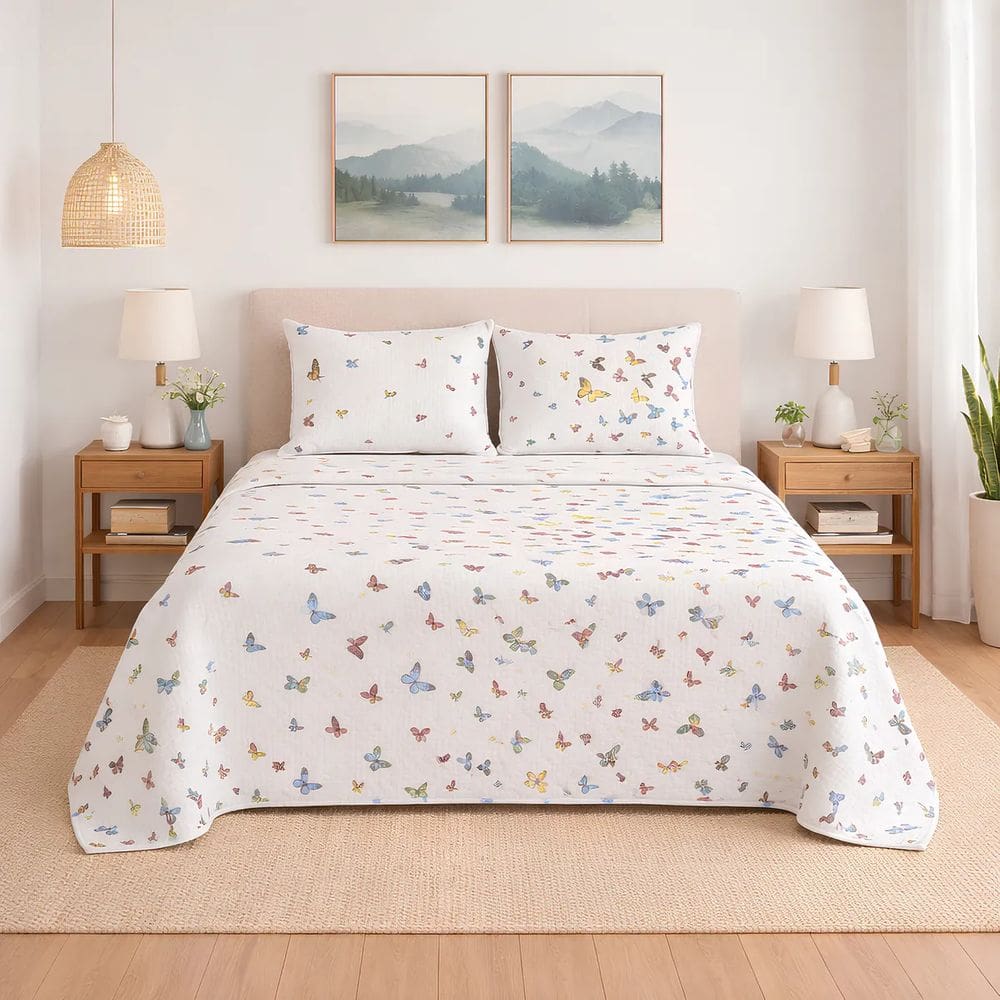 Cobre Leito Casal Padrão 3 Peças 100% Algodão 200 Fios Borboletas Coloridas