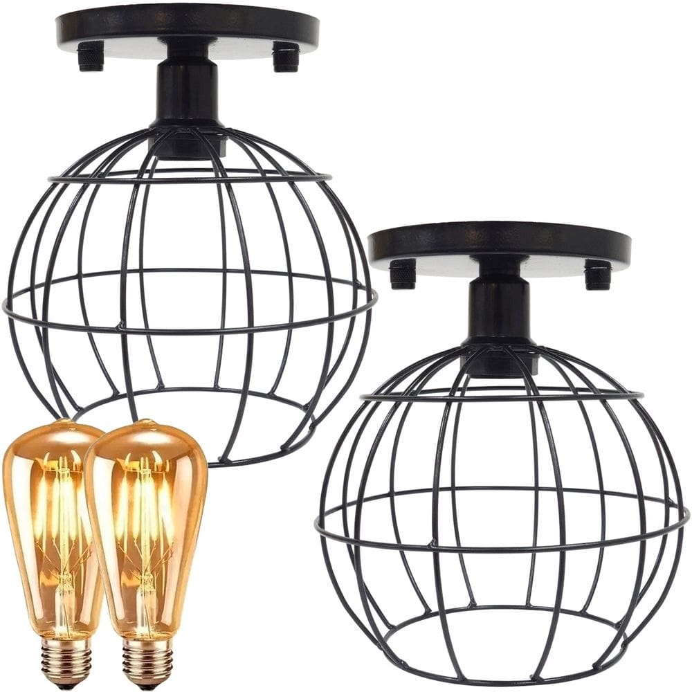 2 Lustres Teto Plafon + 2 Lâmpadas Led St64 Industrial Aramado Globo Retrô Vintage Preto