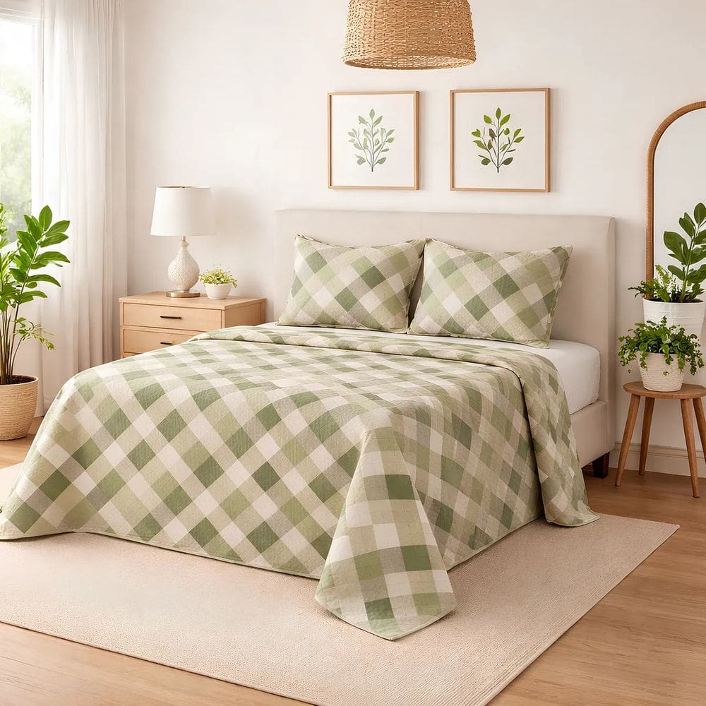Cobre Leito Casal Padrão 3 Peças 100% Algodão 200 Fios Xadrez Verde