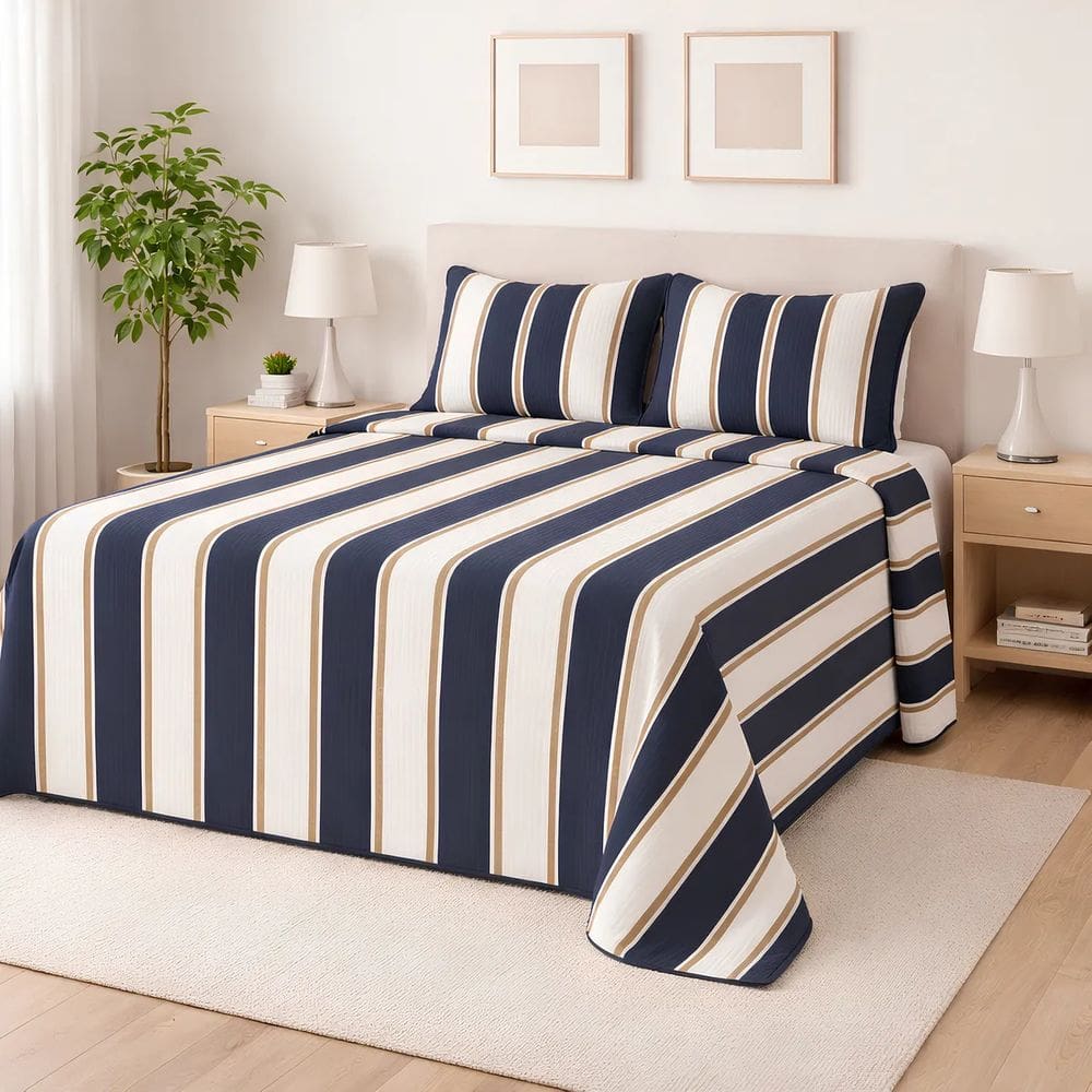 Cobre Leito Casal Padrão 3 Peças 100% Algodão 200 Fios Listrado