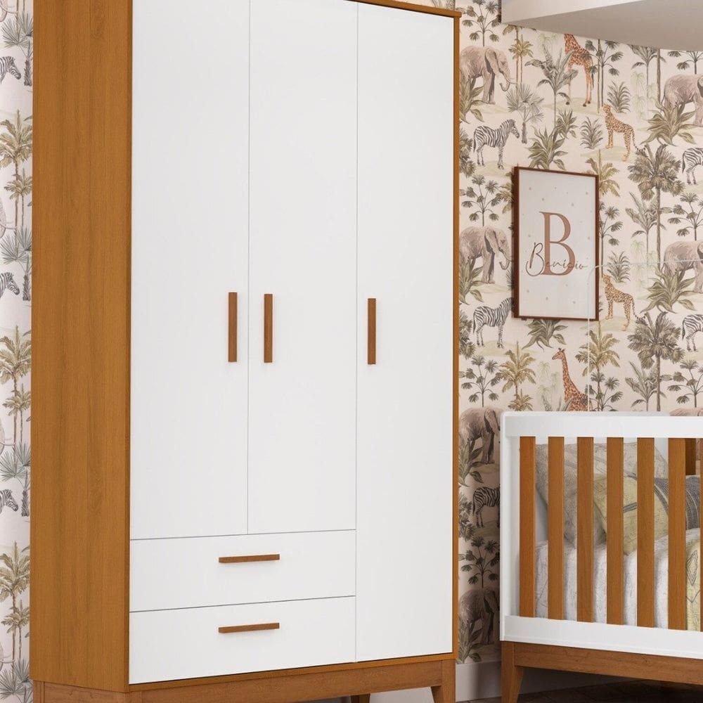 Guarda-roupa 3 Portas para Quarto de Bebê Flip Branco Fosco / Savana