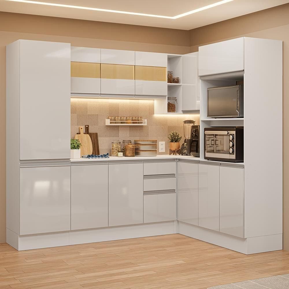 Armário De Cozinha Completa De Canto 100% Mdf 377cm Smart Branco Brilhante Madesa 01 Branco