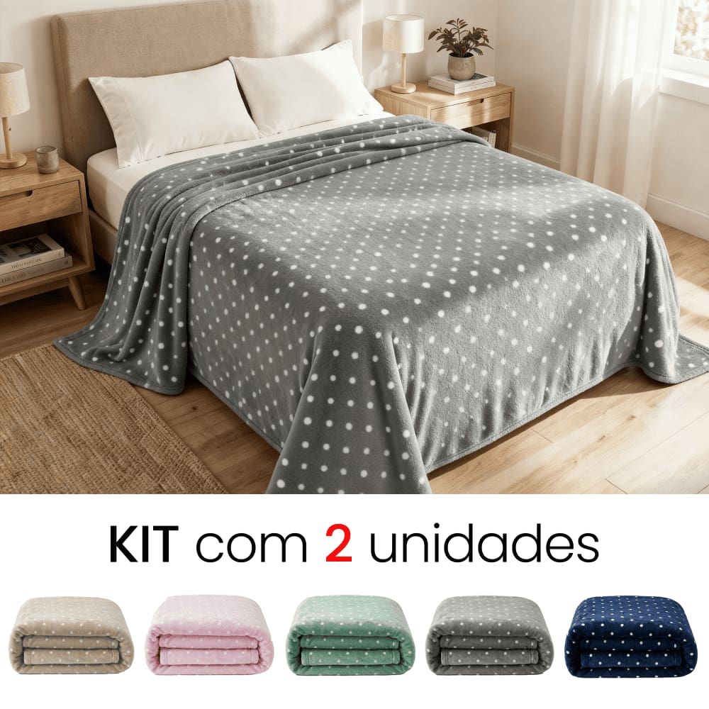 Kit 2 Mantas Cobertor Casal Corttex Poá 180x220cm Microfibra Antialérgico Super Macio Premium