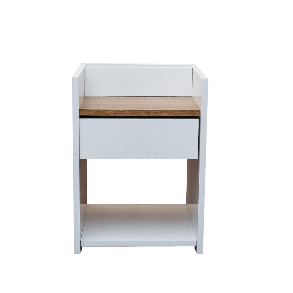 Mesa Cabeceira Compacta 32x30x45 Gaveta Nicho Moderna Quarto Branco e Madeirado
