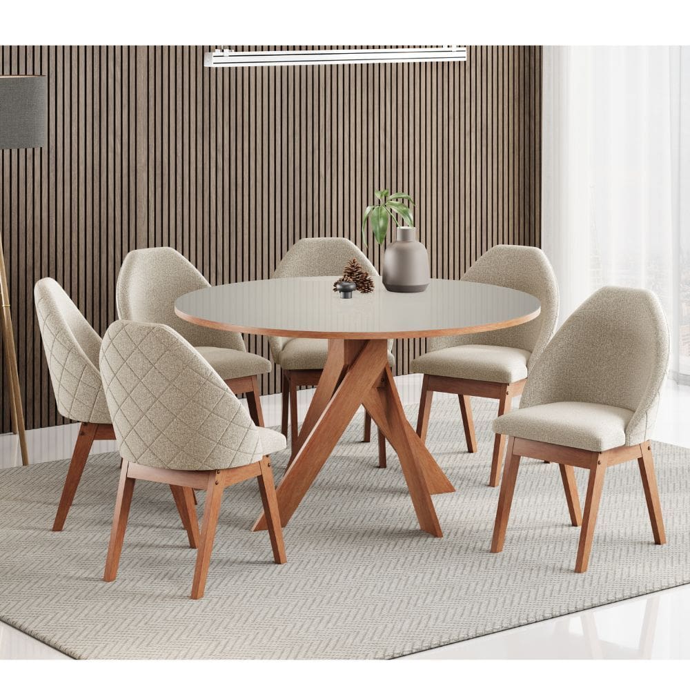 Conjunto Sala de Jantar Mesa Monaco 137cm 6 Poltronas Grecia Madetal