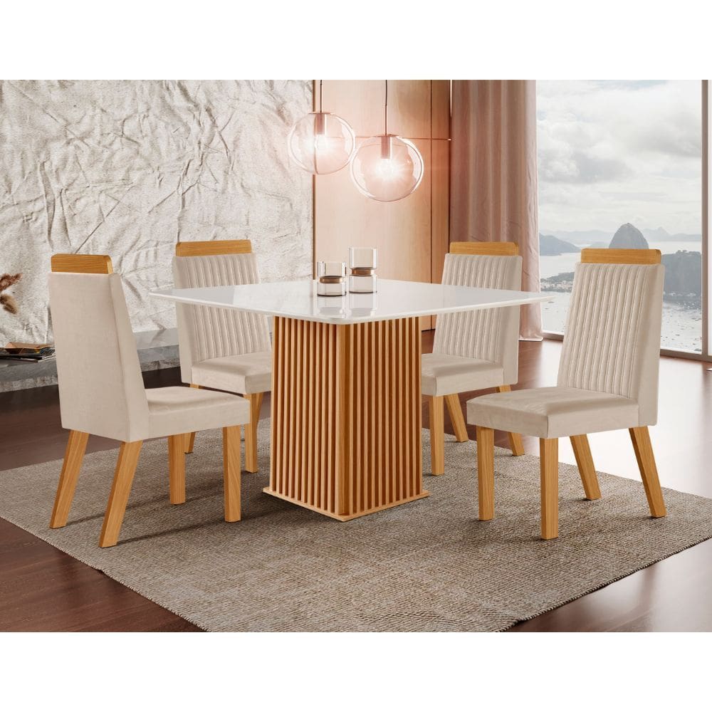 Conjunto Sala de Jantar Mesa Riviera com Tampo de Vidro 90cm e 4 Cadeiras Riviera LJ Moveis