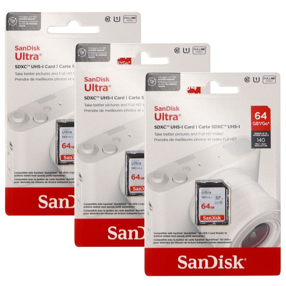 Cartão de memória SanDisk Ultra SDXC UHS-I 64GB (pacote com 3)