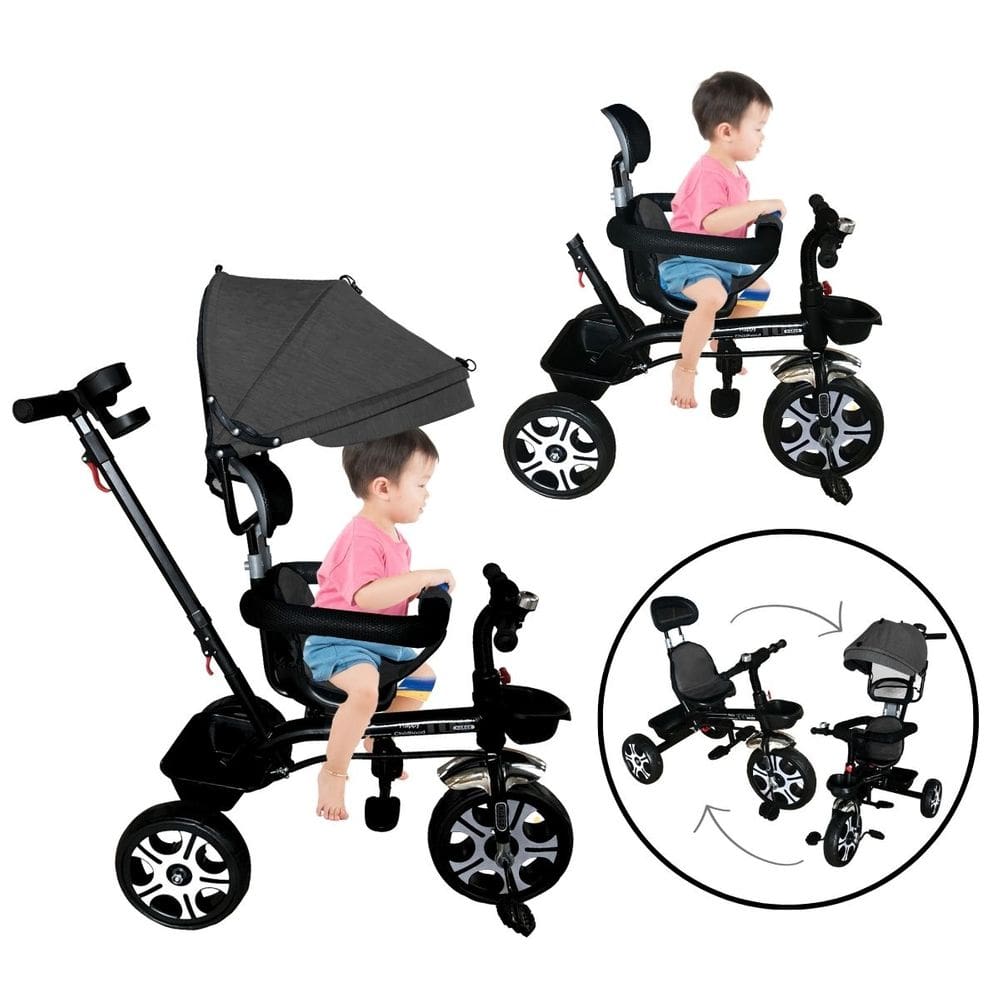 Triciclo Motoca Bicicleta 3 Rodas Infantil Passeio com Empurrador Pedal Capota Preto Brinqway Bw302