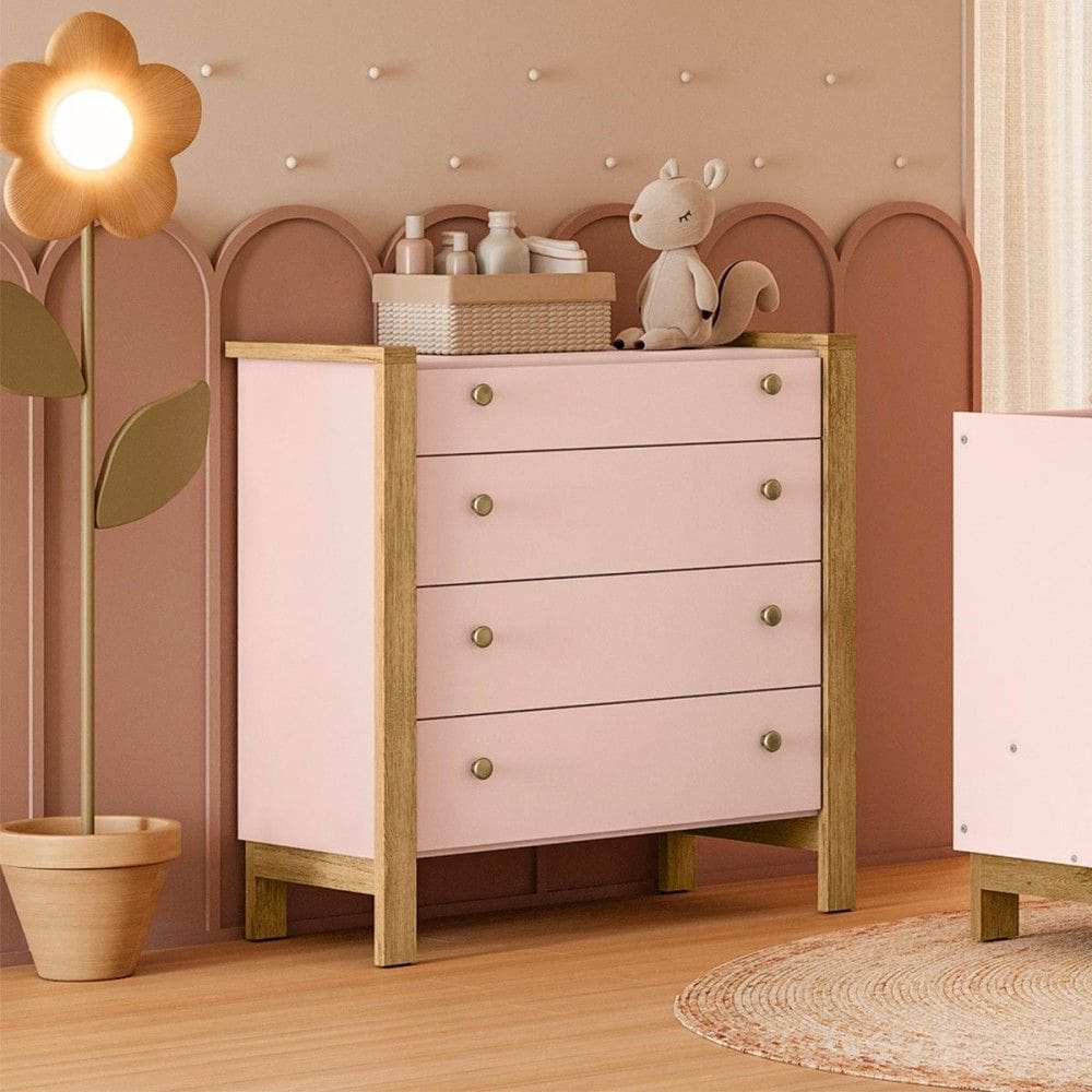 Cômoda de Bebê Flora 4 Gavetas Rosa Acetinado - Qmovi