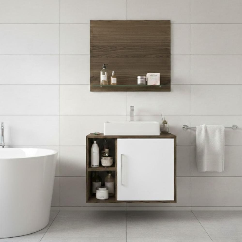 Kit Gabinete de Banheiro 60cm com Cuba e Painel 1 Porta 2 Prateleiras Arte Cas - Cor Branco/Marrom
