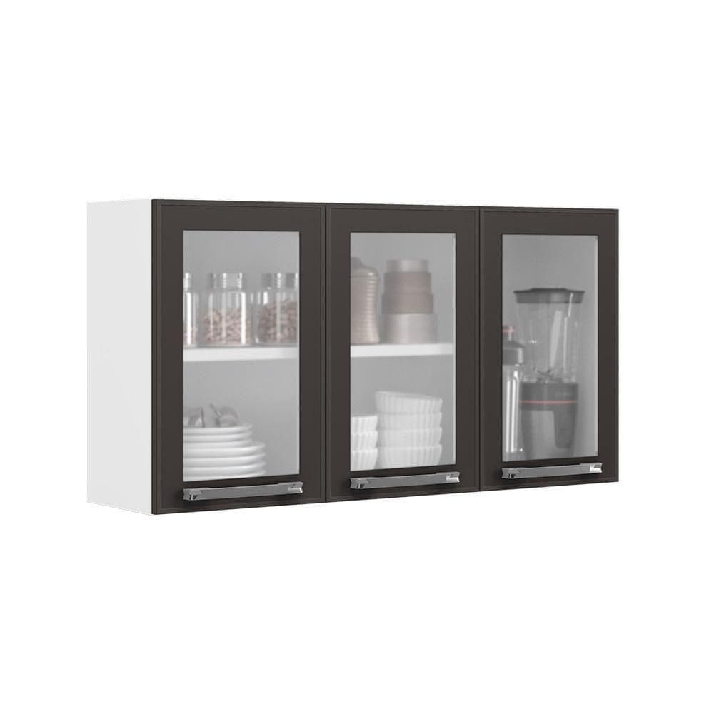 Armário Aéreo De Cozinha Grafite 3 Portas Com Vidro Florença