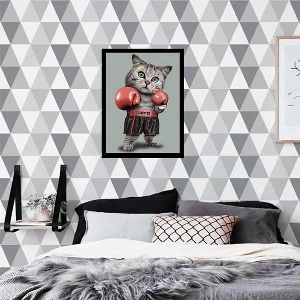 Quadro Decorativo Gato Lutador de Boxe 34x23Cm