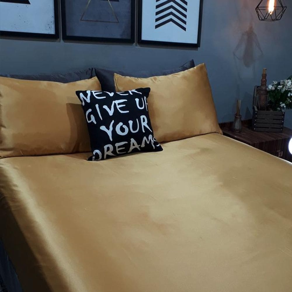 Lençol Com Elástico Casal Comum 4 Un Cetim Dourado Almofada