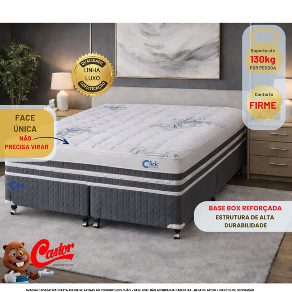Conjunto Cama Box Casal Bipartido Castor Silver Star 138x188 com Colchão Molas Tecnopedic One Face 32cm