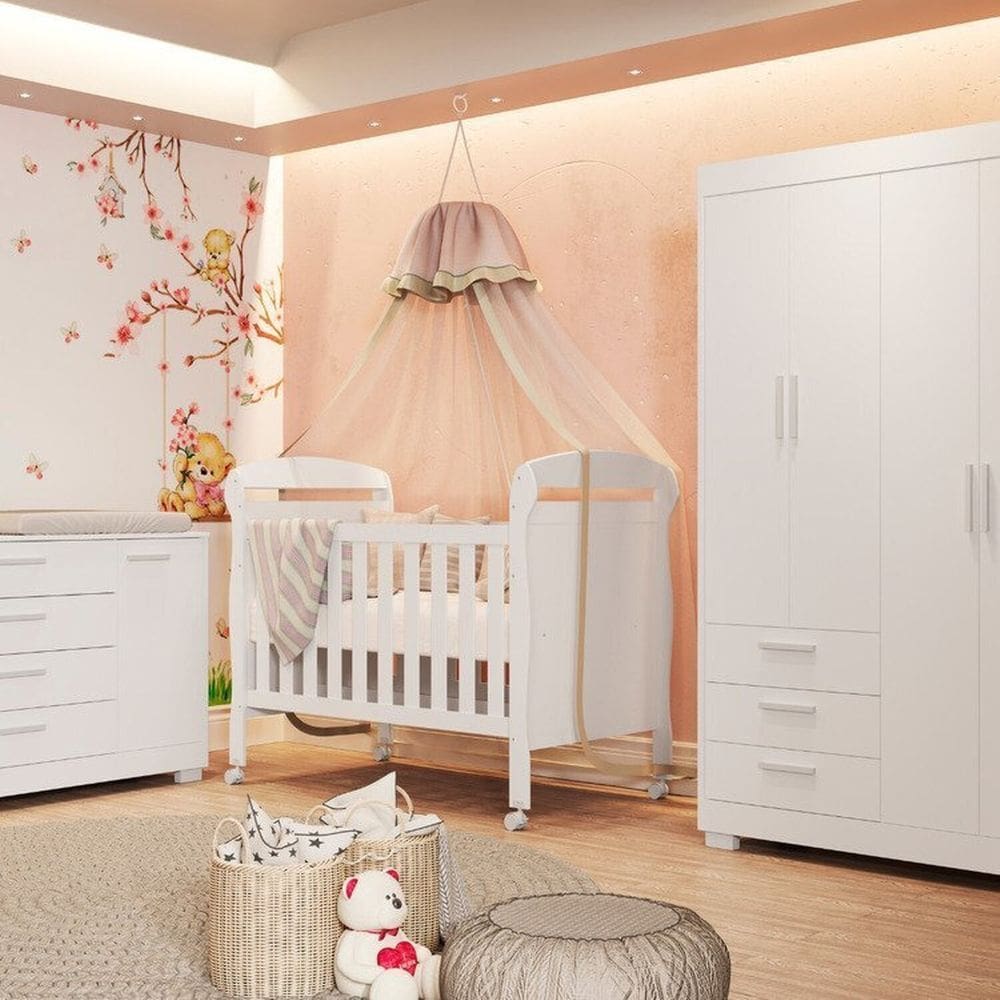 Quarto para Bebê Completo com Berço 2 em 1 Zaki Branco Fosco