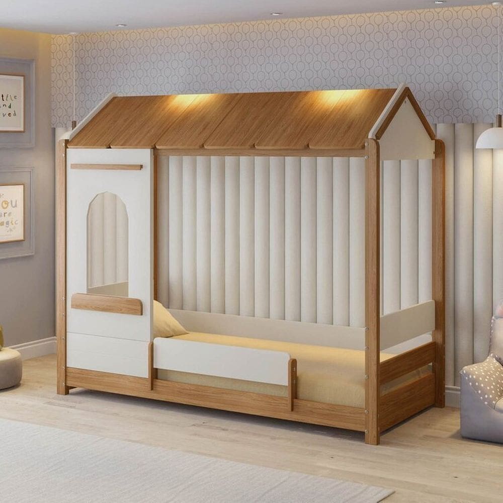 Cama Casinha Solteiro Reversível com Grade e Janela de Led Aria Casatema Madeiraoriginals Nogueira/Branco