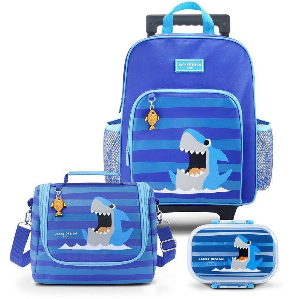 Kit Mochila Com Rodinhas E Lancheira Térmica Com Pote P/ Lanche Azul