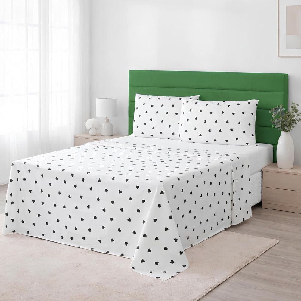 Jg Lençol Queen 4 Peças 100% Algodão 230 Fios Corações 35cm Preto e Fundo Branco
