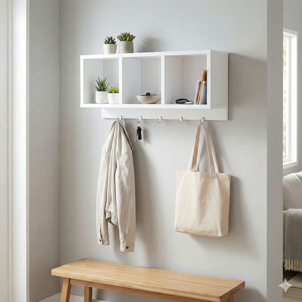 Nicho 3 Divisórias Prateleira com Ganchos Decorativo Porta Chaves Quarto Branco 60x26x15cm