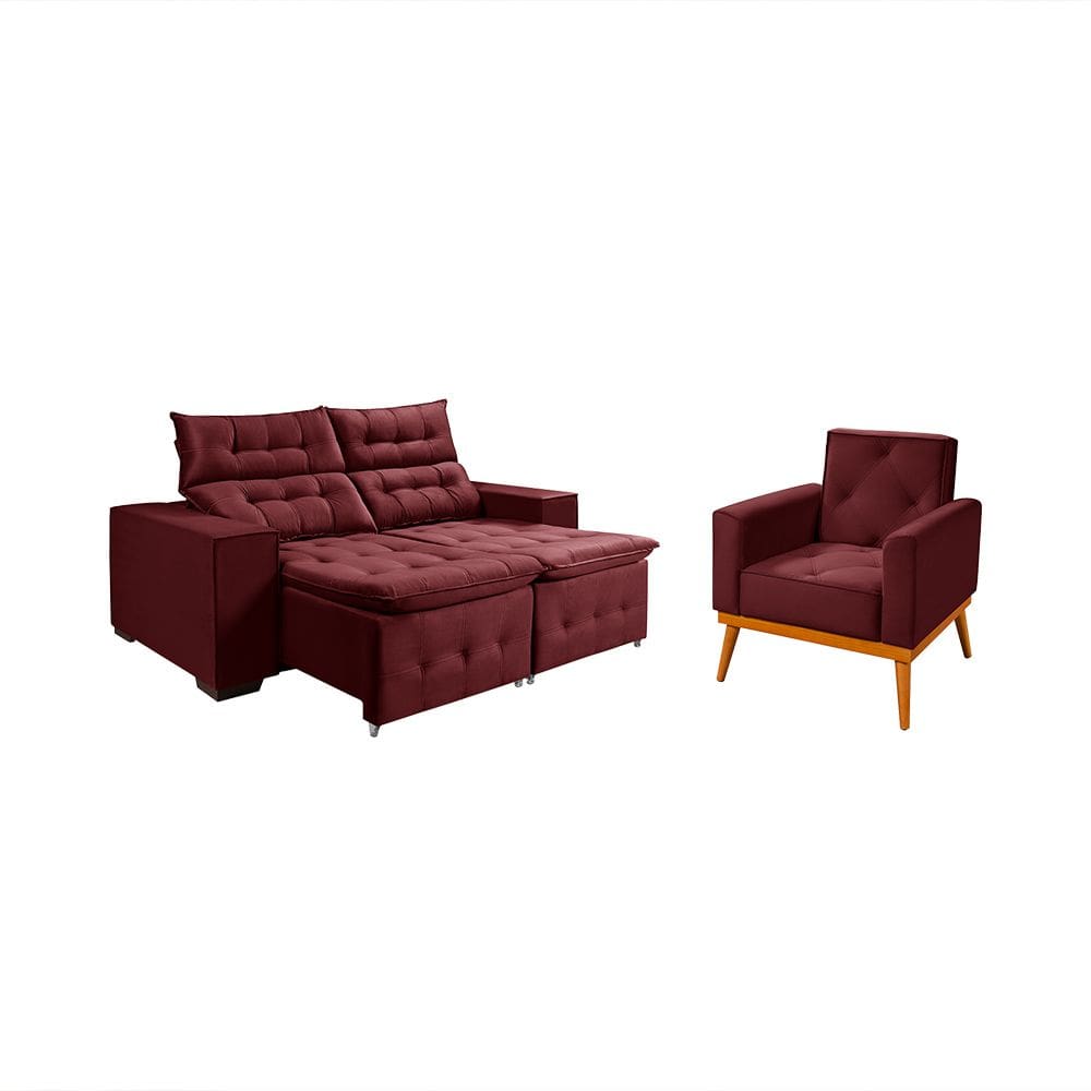 Kit Sofá Bari Retrátil Reclinável 1,90m Pillow + Poltrona Florença Espuma Premium - Vinho Veludo