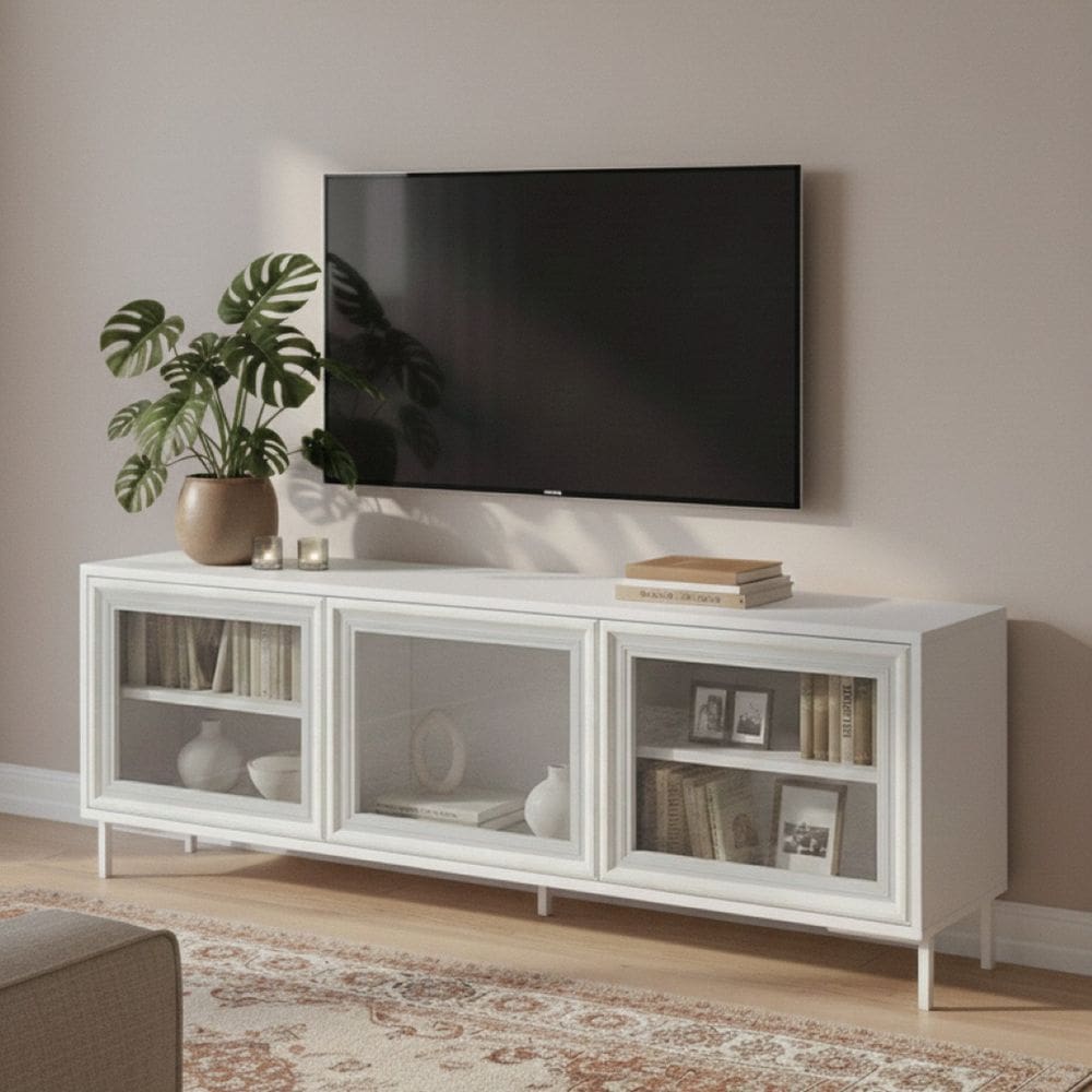 Rack para Tv 55 Polegadas 03 Portas de Vidro 2 Prateleiras Branco