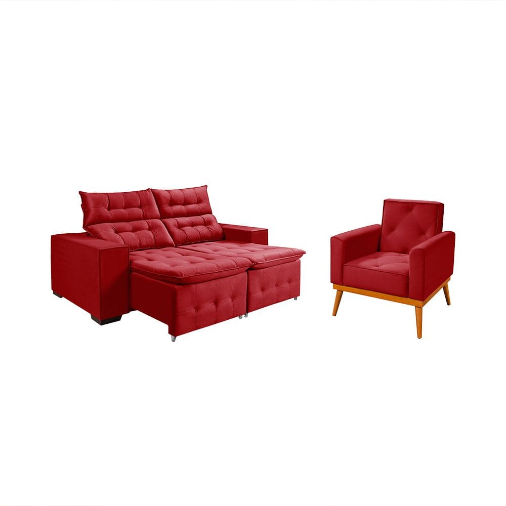 Kit Sofá Bari Retrátil Reclinável 1,90m Pillow + Poltrona Florença Espuma Premium - Vermelho Veludo
