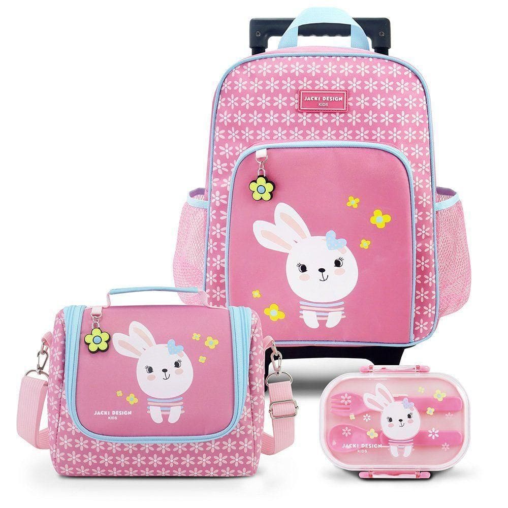 Kit Mochila Com Rodinhas E Lancheira Térmica Com Pote P/ Lanche Rosa