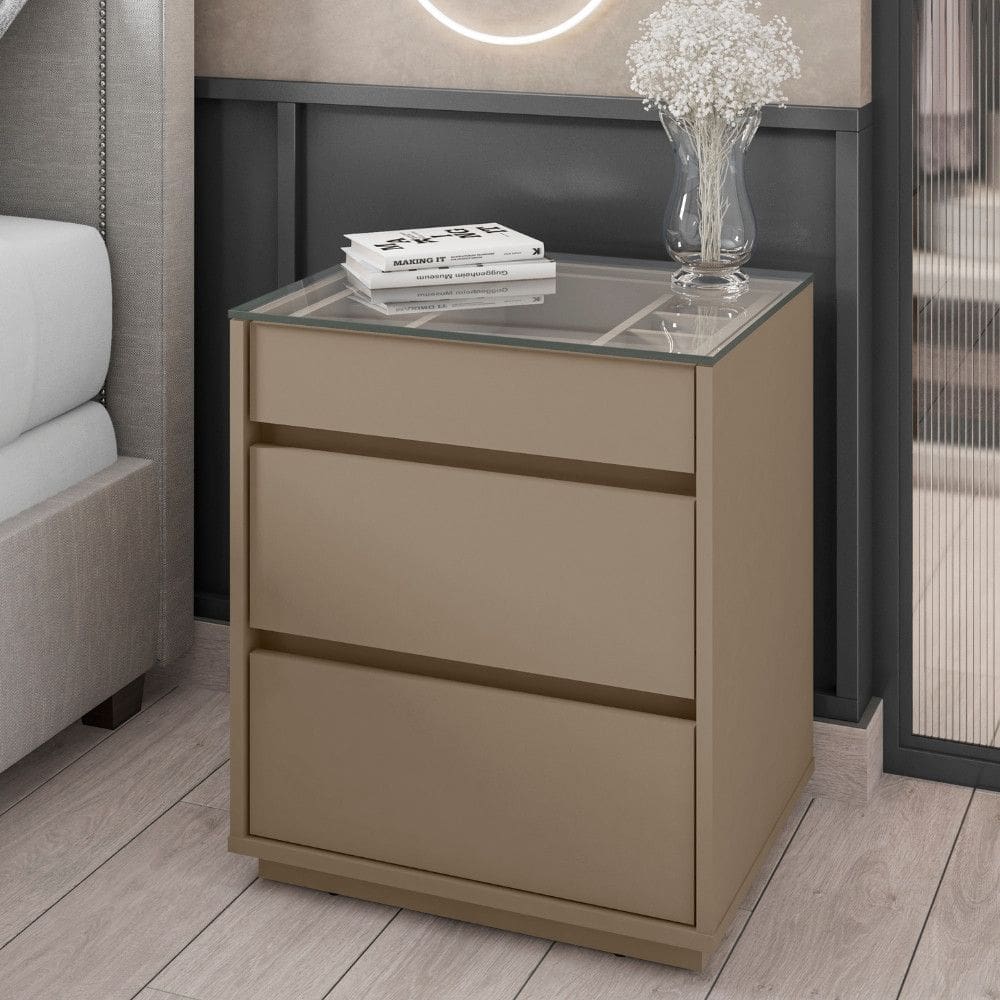 Mesa de Cabeceira com Tampo de Vidro 3 Gavetas Belize Casa D