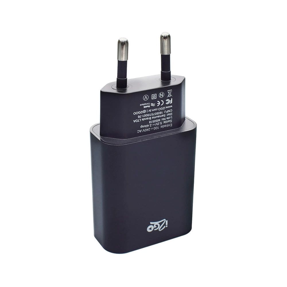 Carregador de Parede I2GO com 2 Saídas USB Entrada 100-240V Saída 5V 2,4A Preto