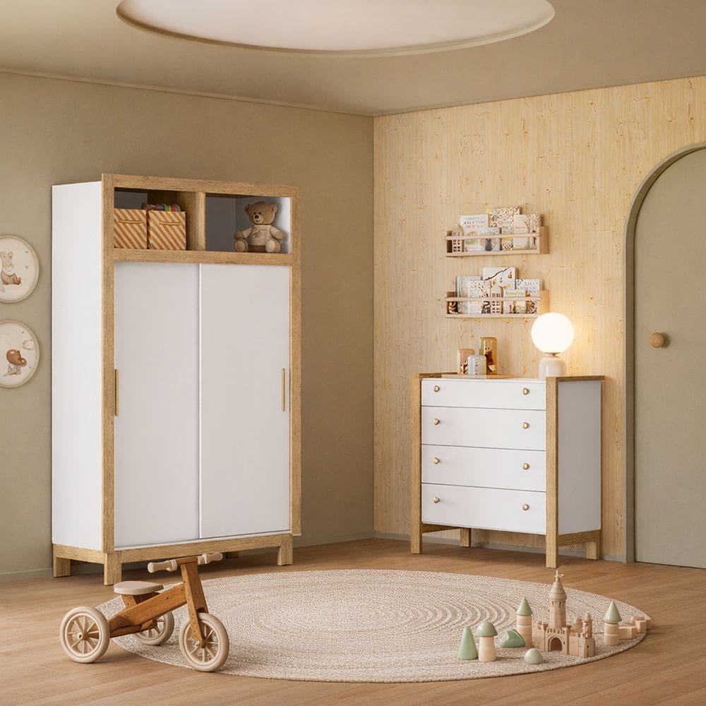 Quarto de Bebê com Cômoda e Roupeiro 2 Portas de Correr Flora Branco Acetinado Qmovi