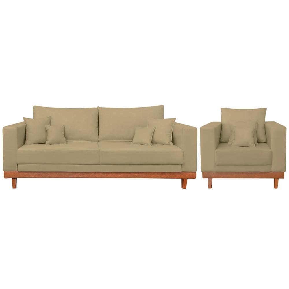 Kit 1 Poltrona Living + Sofá 3 Lugares Madeira Tecido Suede
