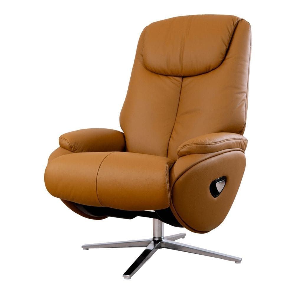 Poltrona Reclinável Conforto Domann Design Couro Natural e PU Camel com Apoio para Pés