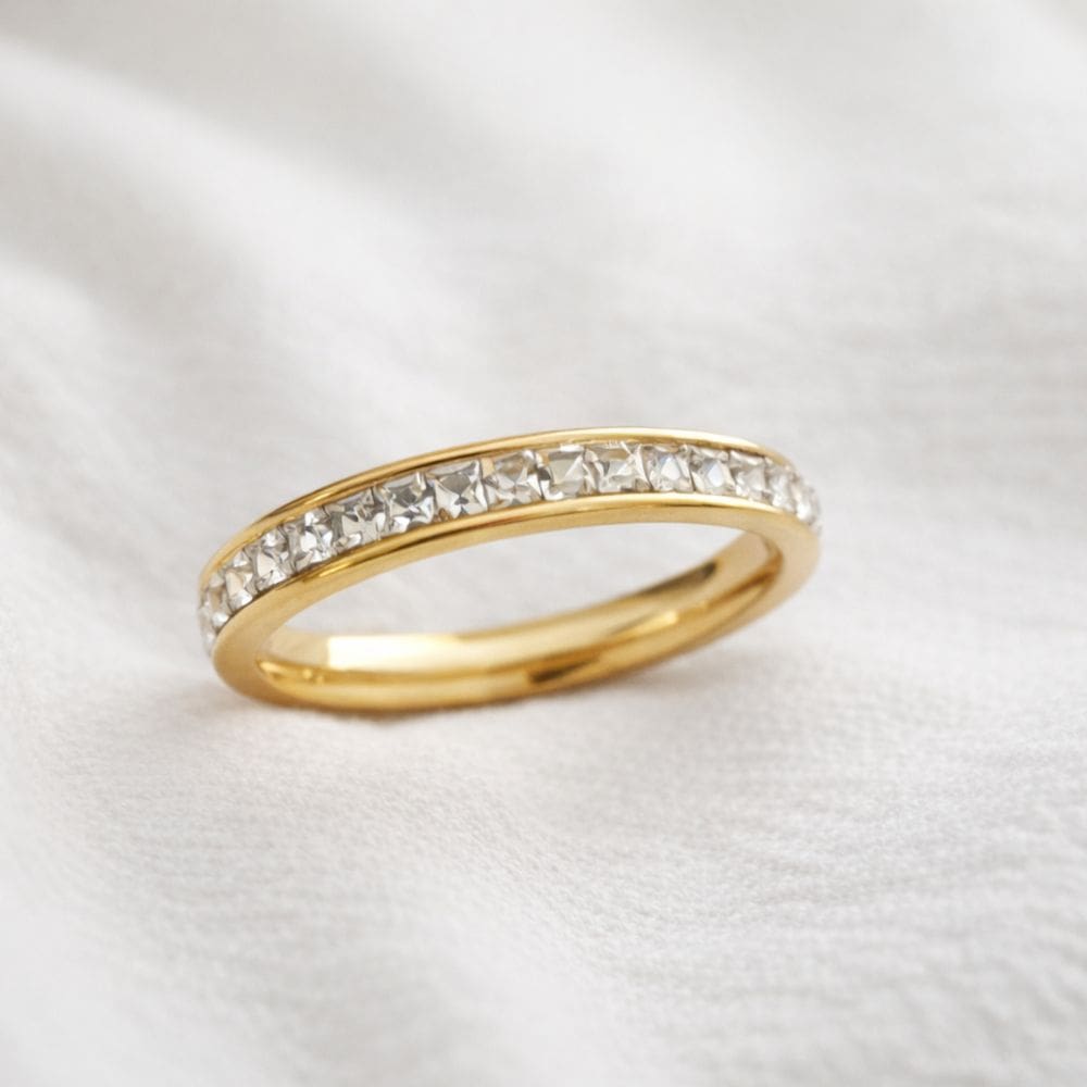 Anel Aparador Aliança Dourado Zircônia Brilhantes Aço