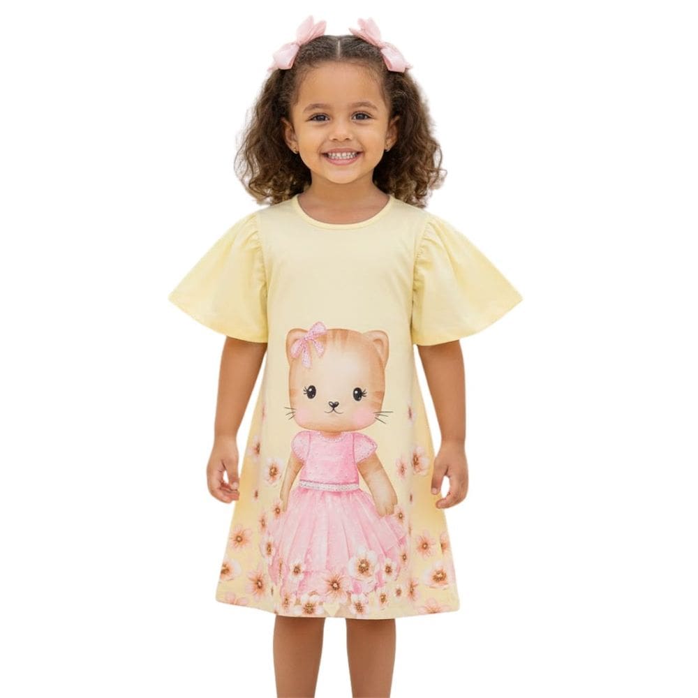 Vestido Infantil Gatinha Manga Borboleta Amarelo Festa
