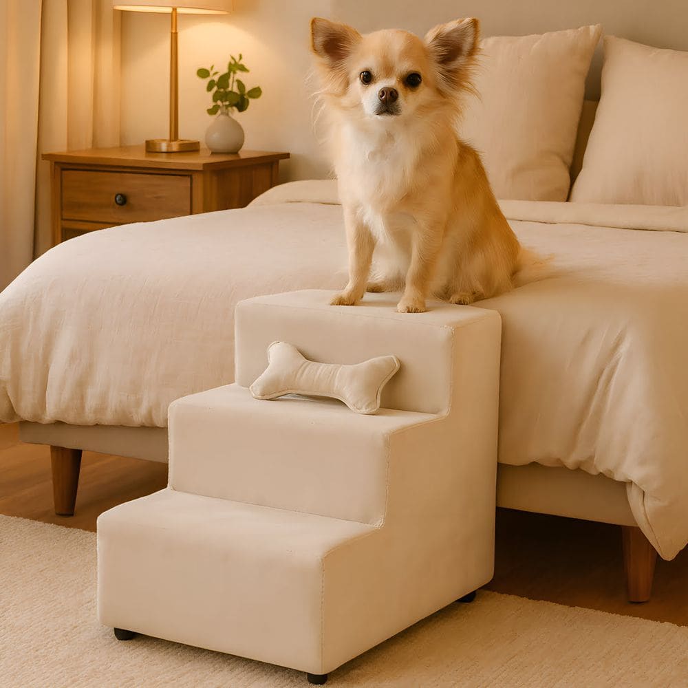 Escada Escadinha Para Pet 3 Degraus Com Osso Cor Bege Veludo Liberty Móveis