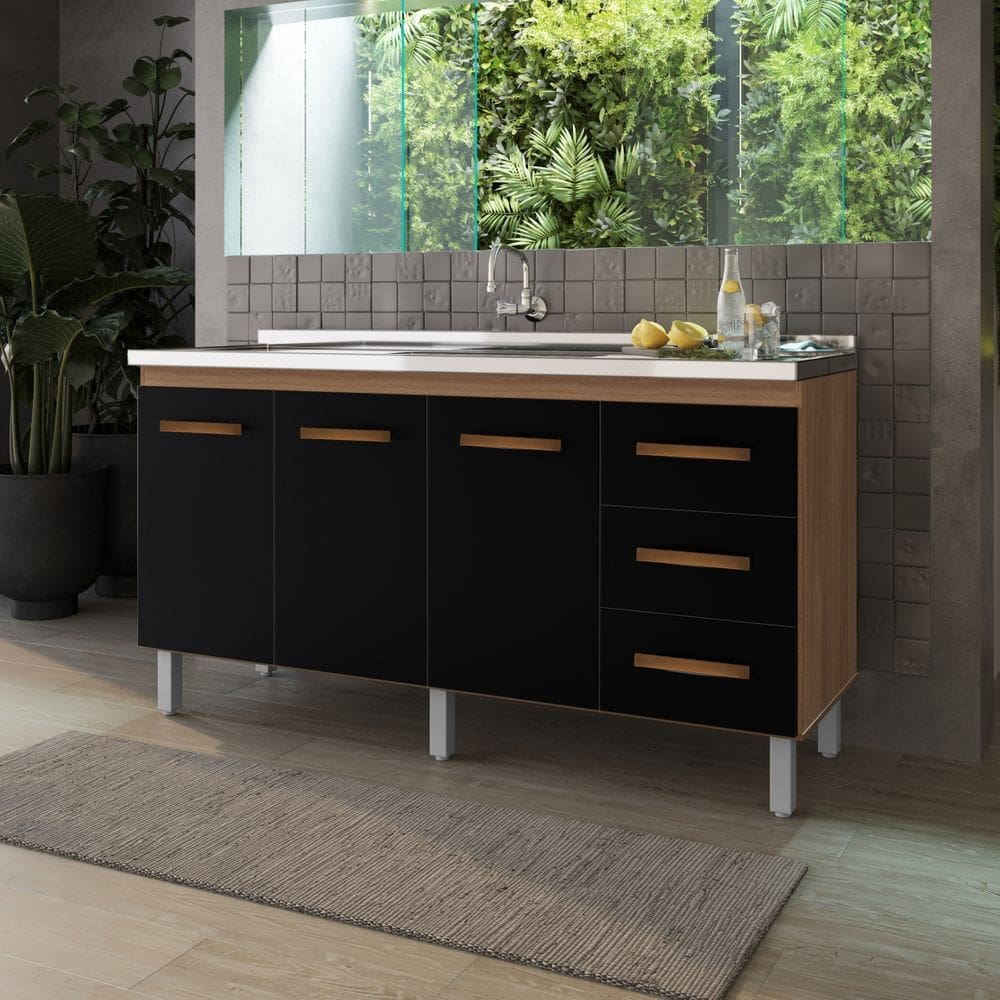 Balcão De Cozinha Para Pia 1,40 Carina - Savana/Preto