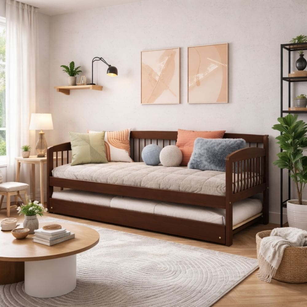 Sofá Cama 100% Madeira Maciça Branco Marrom Auxiliar Bicama