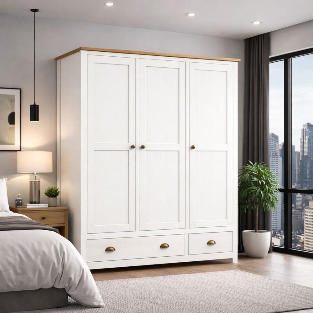 Guarda Roupa Madeira Maciça 3 Portas Finestra Branco Marrom