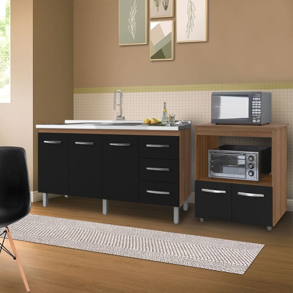 Kit Balcão Carina Para Pia 140cm E Balcão Multiuso Angela para Microondas - Savana/Preto