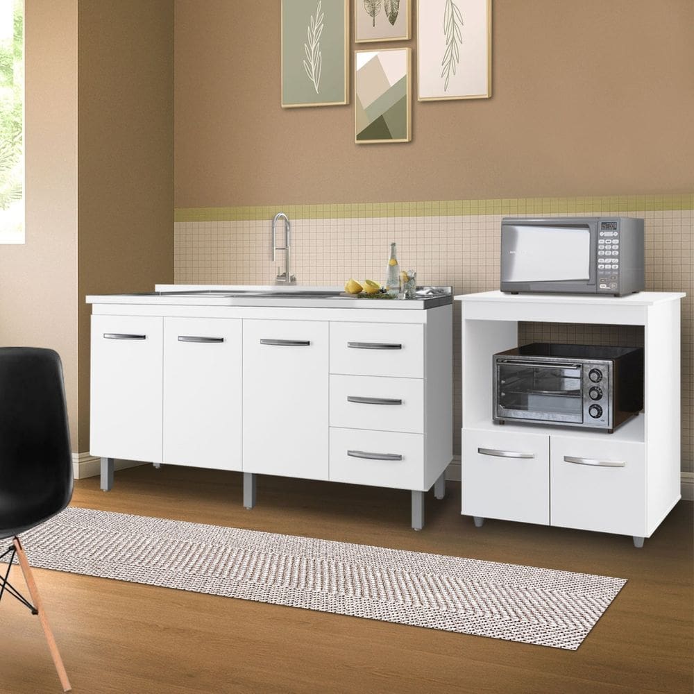 Kit Balcão Carina Para Pia 140cm E Balcão Multiuso Angela para Microondas - Branco