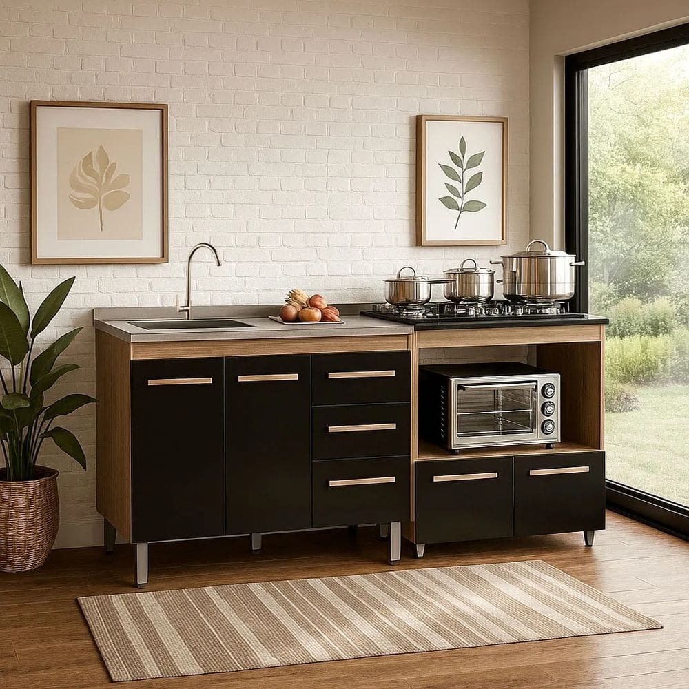 Kit Balcão Para Pia 120cm Bianca + Balcão Para Cooktop 4 Bocas Elisa - Savana/Preto