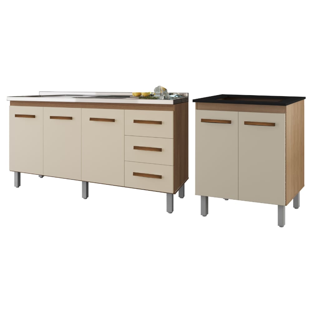 Kit Balcão para Pia 140cm Carina + Balcão Para Cooktop 4 Bocas Jade - Savana/Off-White