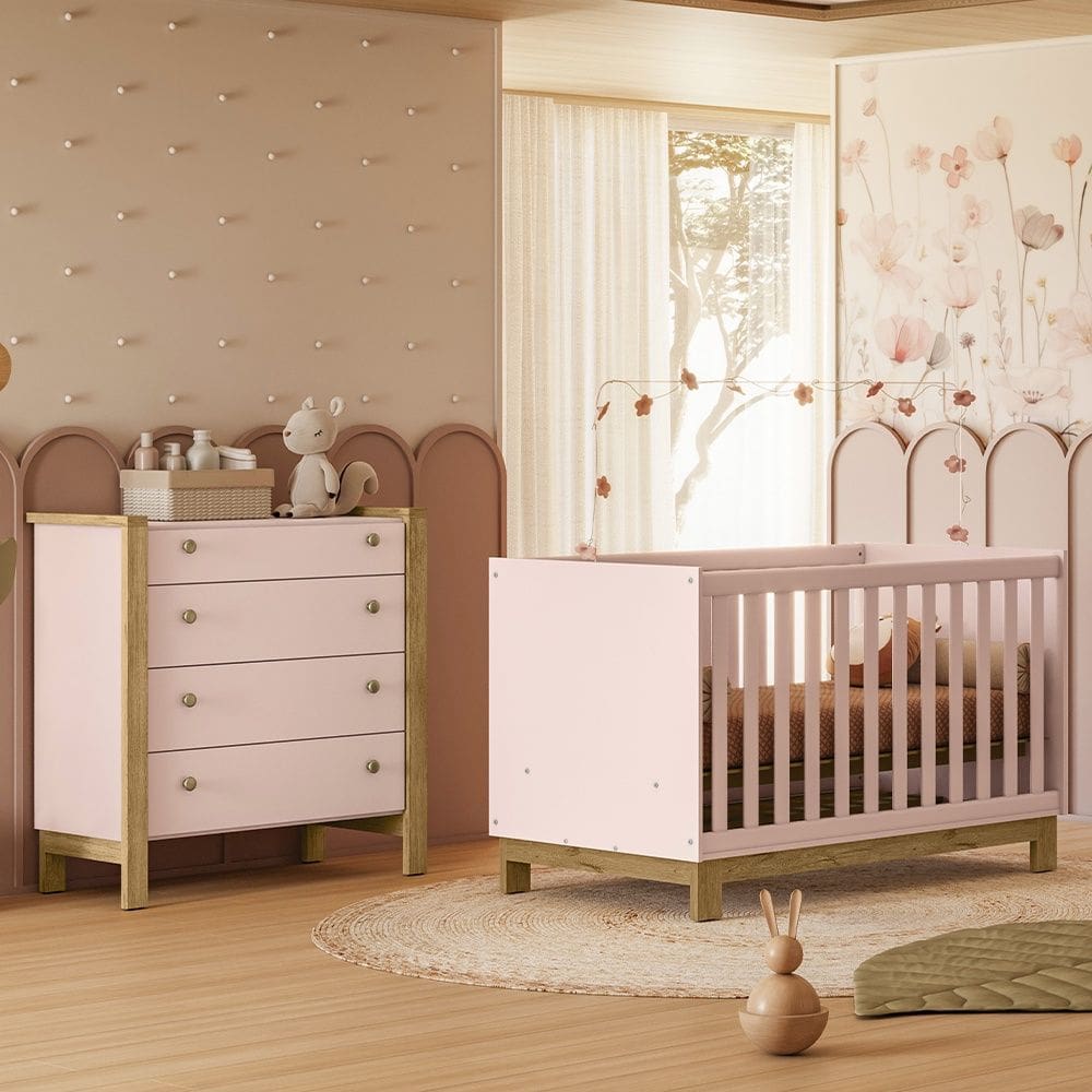 Quarto de Bebê com Berço Mini Cama 4315 Slim e Cômoda 5135 Flora Rosa Qmovi