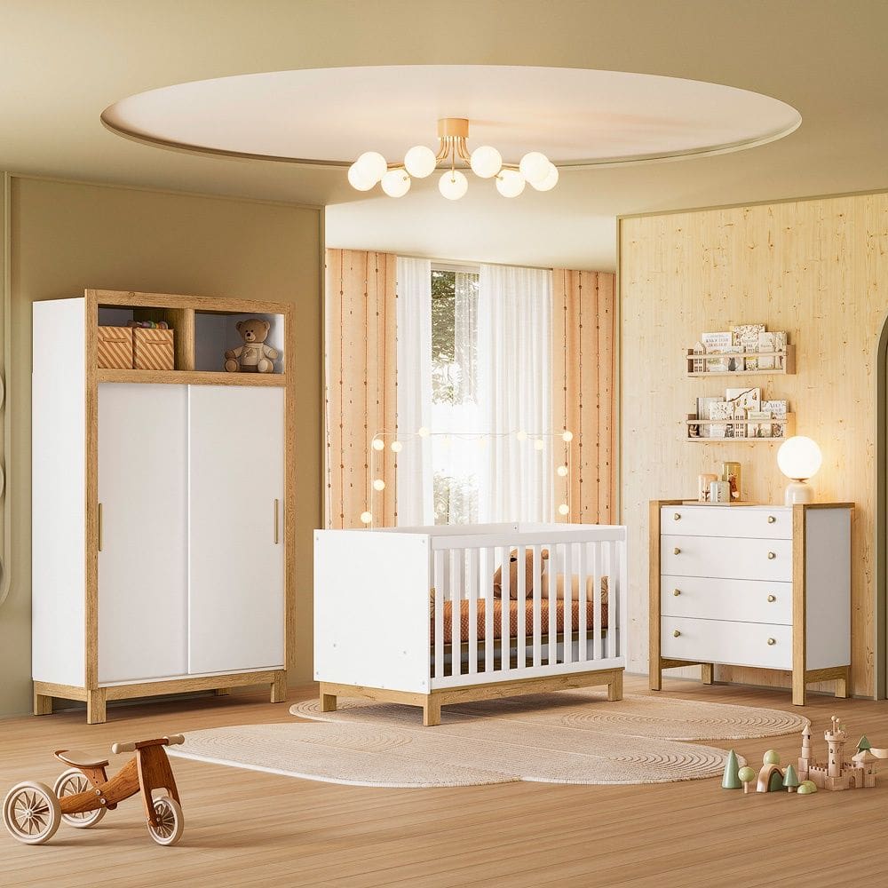Quarto de Bebê Completo Flora com Berço Cômoda e Roupeiro 5085 Branco Qmovi