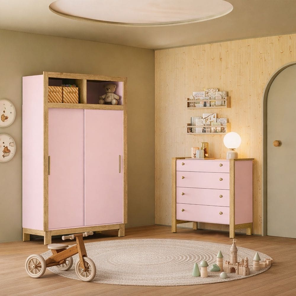 Quarto de Bebê com Cômoda e Roupeiro 2 Portas de Correr Flora Rosa Qmovi