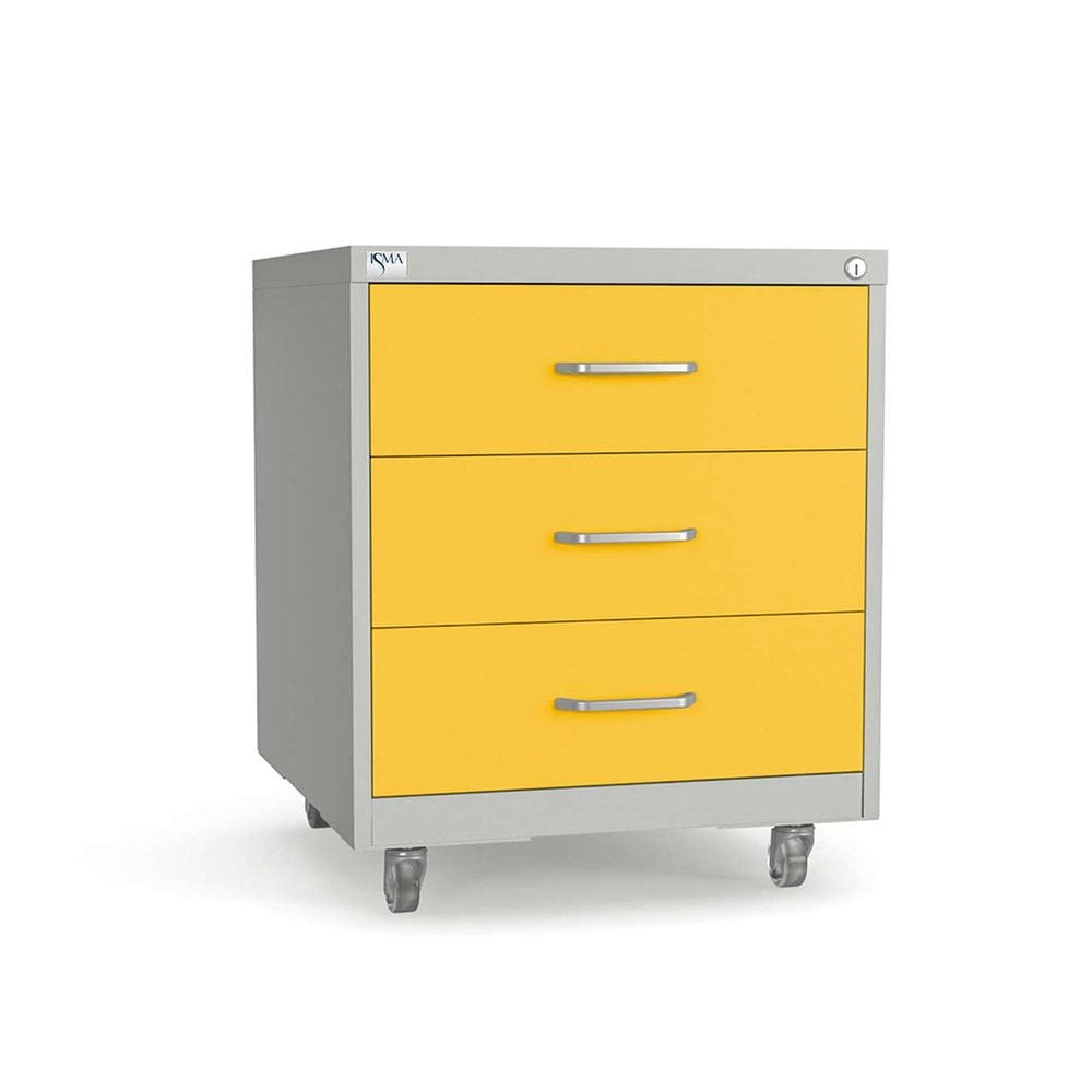 Gaveteiro de Aço 3 Gavetas com Rodízios e Chave Amarelo/Cinza
