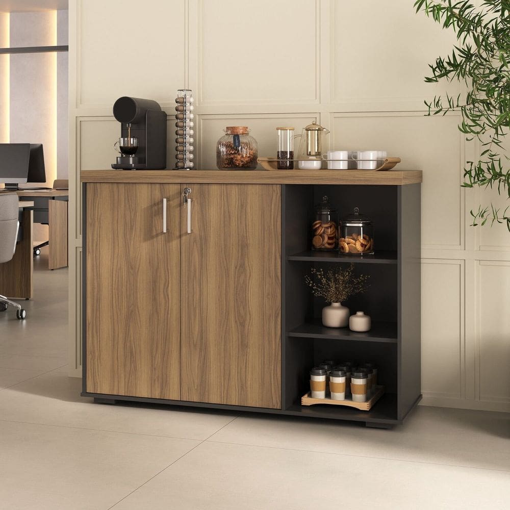 Cantinho do Café Tamburato Armário Médio com 2 Portas Chave e Prateleiras Nogal /Preto